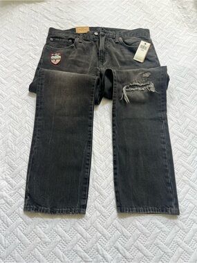 RALPH LAUREN HAMPTON Men's Straight Black Distressed/Patch detail Jeans 34/32